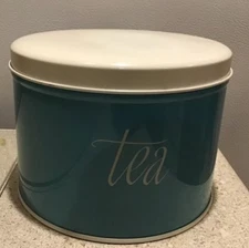 Vintage PARMECO  Parker Metal Dec. Co. Turquoise teal blue/white TEA canister