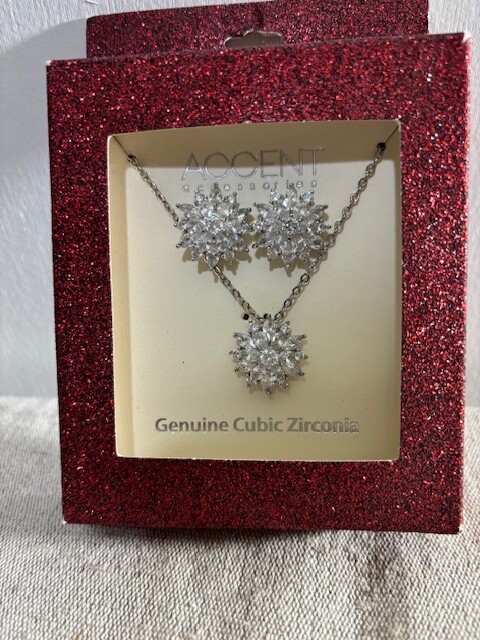 Sparkly Flower CZ Necklace and Earring Set in Silver Tone Chain