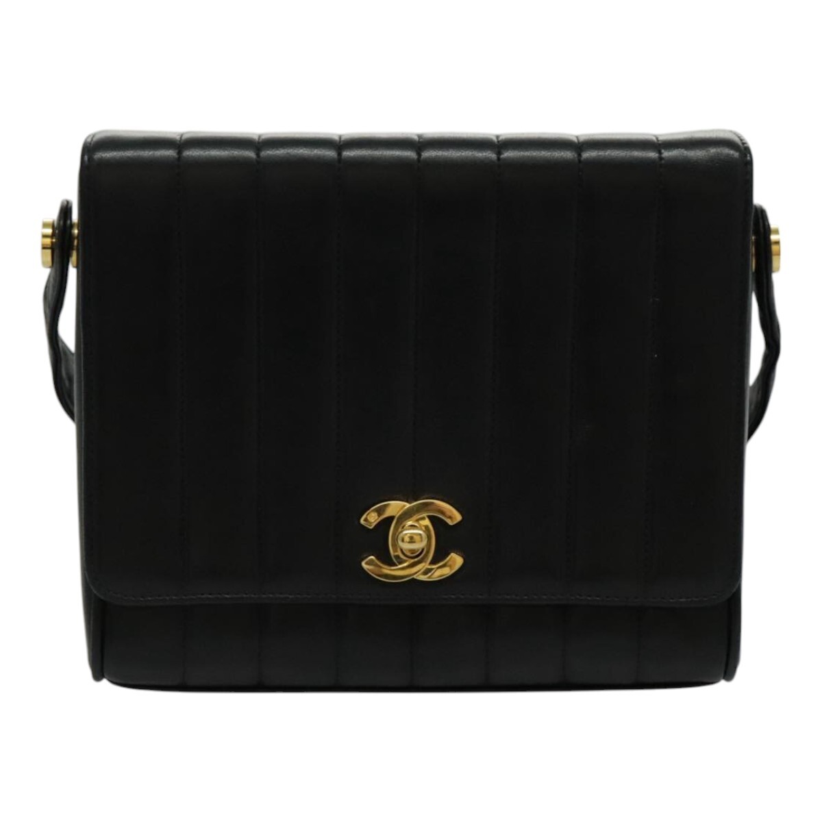 CHANEL Mademoiselle Shoulder Bag Lamb Skin Black Gold CC Auth yk15502AV