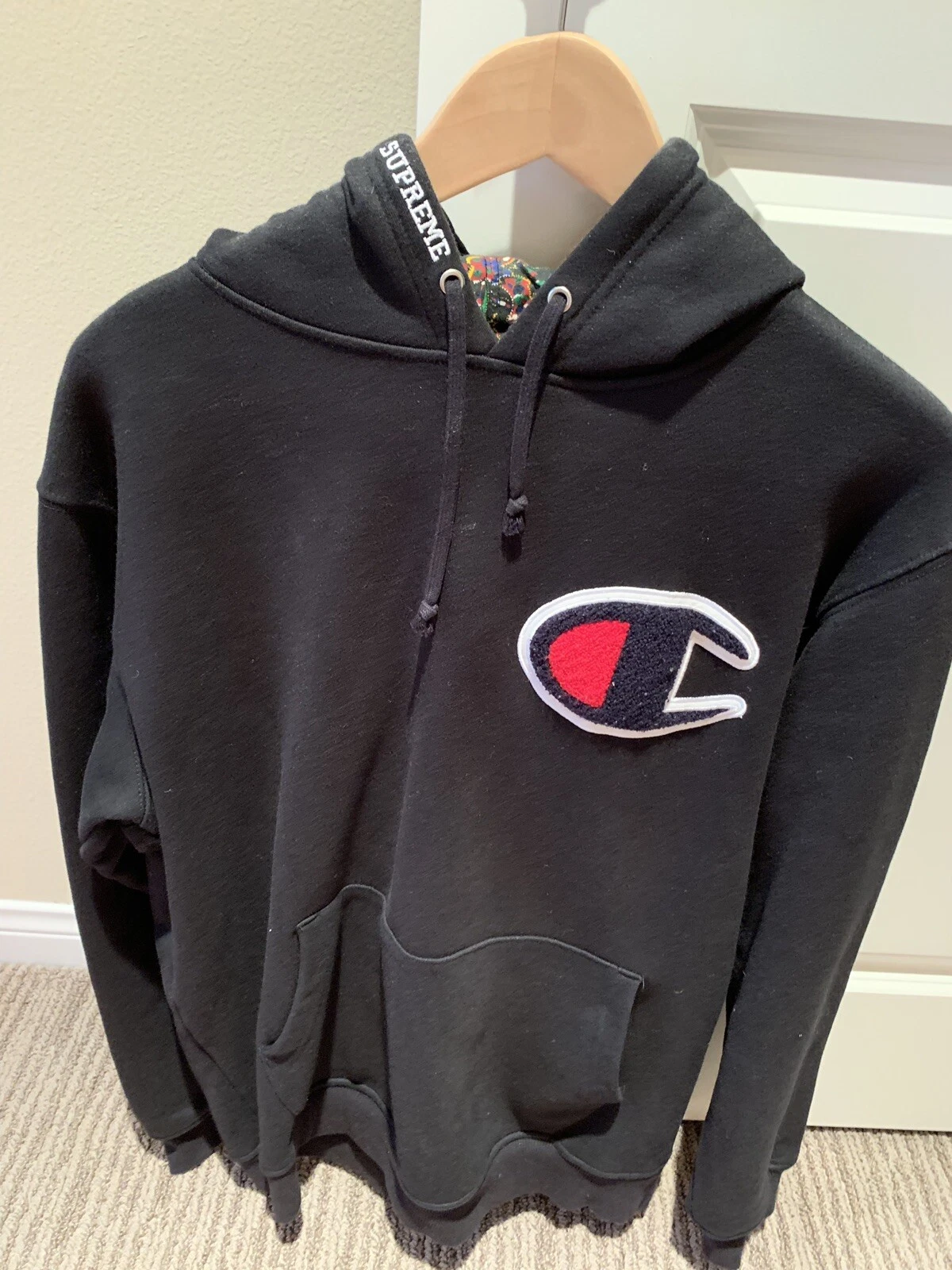 Sweat à capuche Supreme x Champion 2012 noir logo grande boîte Drake rare