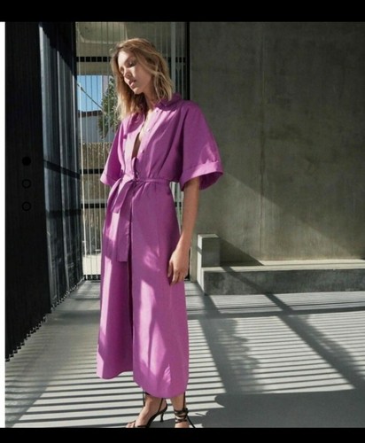 Zara nuevo con etiquetas Popelín Midi Vestido Camisa Rosa Fucsia Talla S |  eBay