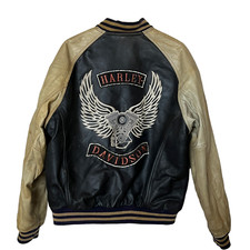 VTG Harley Davidson Motorcycle Distressed Leather Wool Varsity Bomber Jacket LG