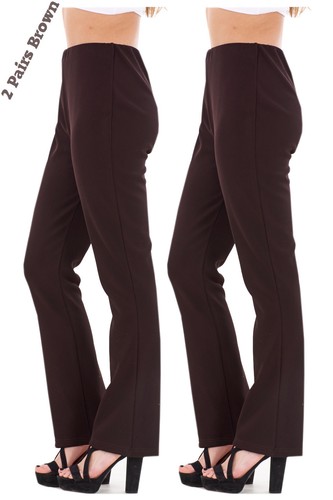 Ladies Finely Ribbed Bootleg STRETCH Trousers (2 PAIRS IN BROWN) Size 10 to 24 - Picture 2 of 2