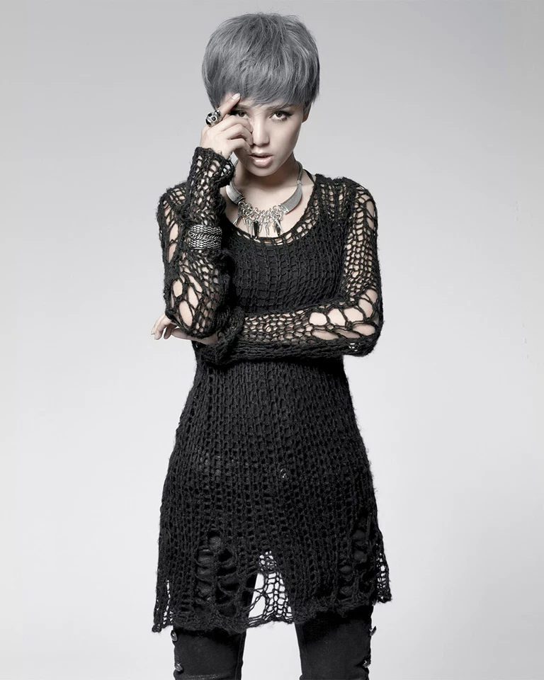 Punk Rave Womens Gothic Grunge Shredded Open Knit Sweater Top Black Distressed - Image 2 of 4