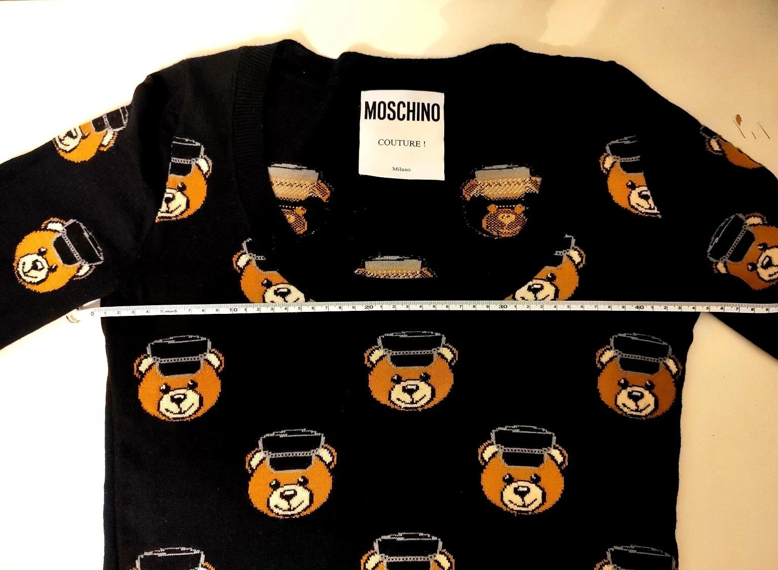 Moschino Couture Mini Abito Nero Orsacchiotto Lana Vergine Taglia UK 12