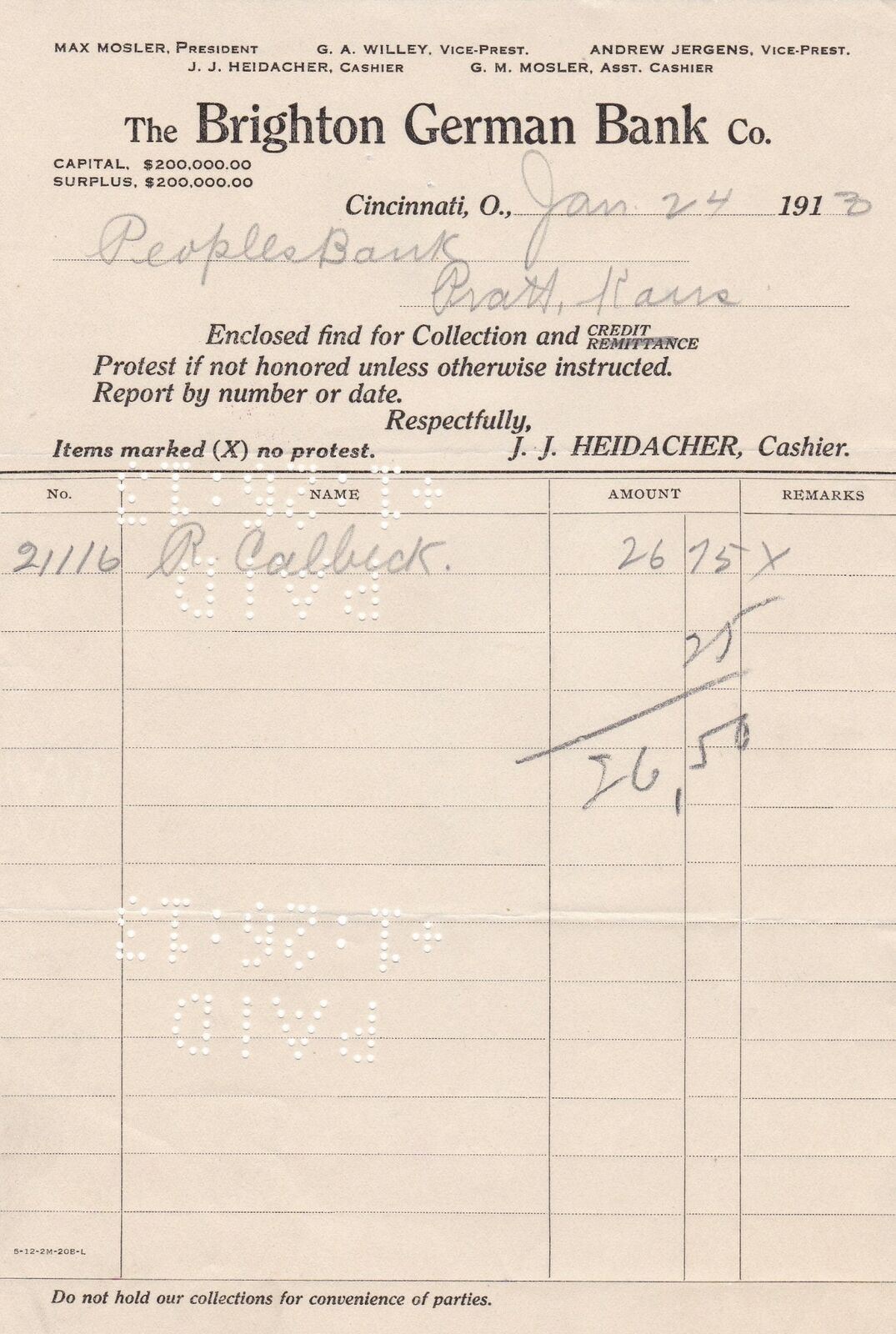 U.S. The Brighton German Bank Co., Cincinnati, O. 1913 Paid Invoice Ref 44388