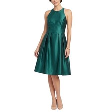 Alfred Sung Green Cocktail Dress Satin Sleeveless Fit and Flare Mini Size 8