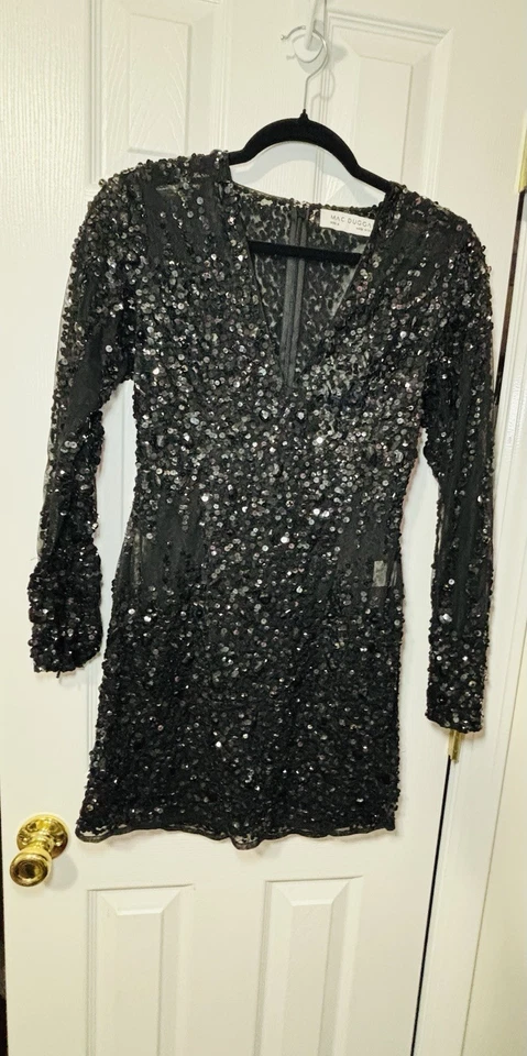 Nuevo con etiquetas Mini Vestido Mac Duggal Talla 2 Negro Manga Larga Transparente Adornado #10976 Foto 3 de 4