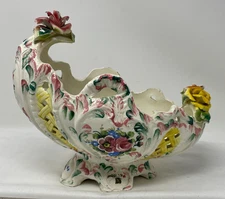 VINTAGE CAPADIMONTE STYLE ITALY CERAMIC FRUIT BOWL VASE ROSES HAND PAINTED