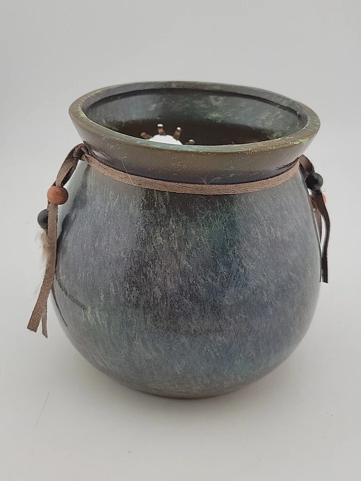 Kokopelli Southwest Art 3D arcilla/metal ~ cordones de cuero ~ soporte para velas 5"X4.5" Foto 4 de 4