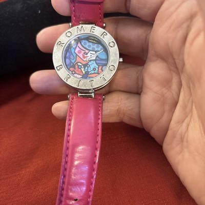 Romero Britto Watch Pink Leather Collectible Rare Vintage Art Deco Needs Newband
