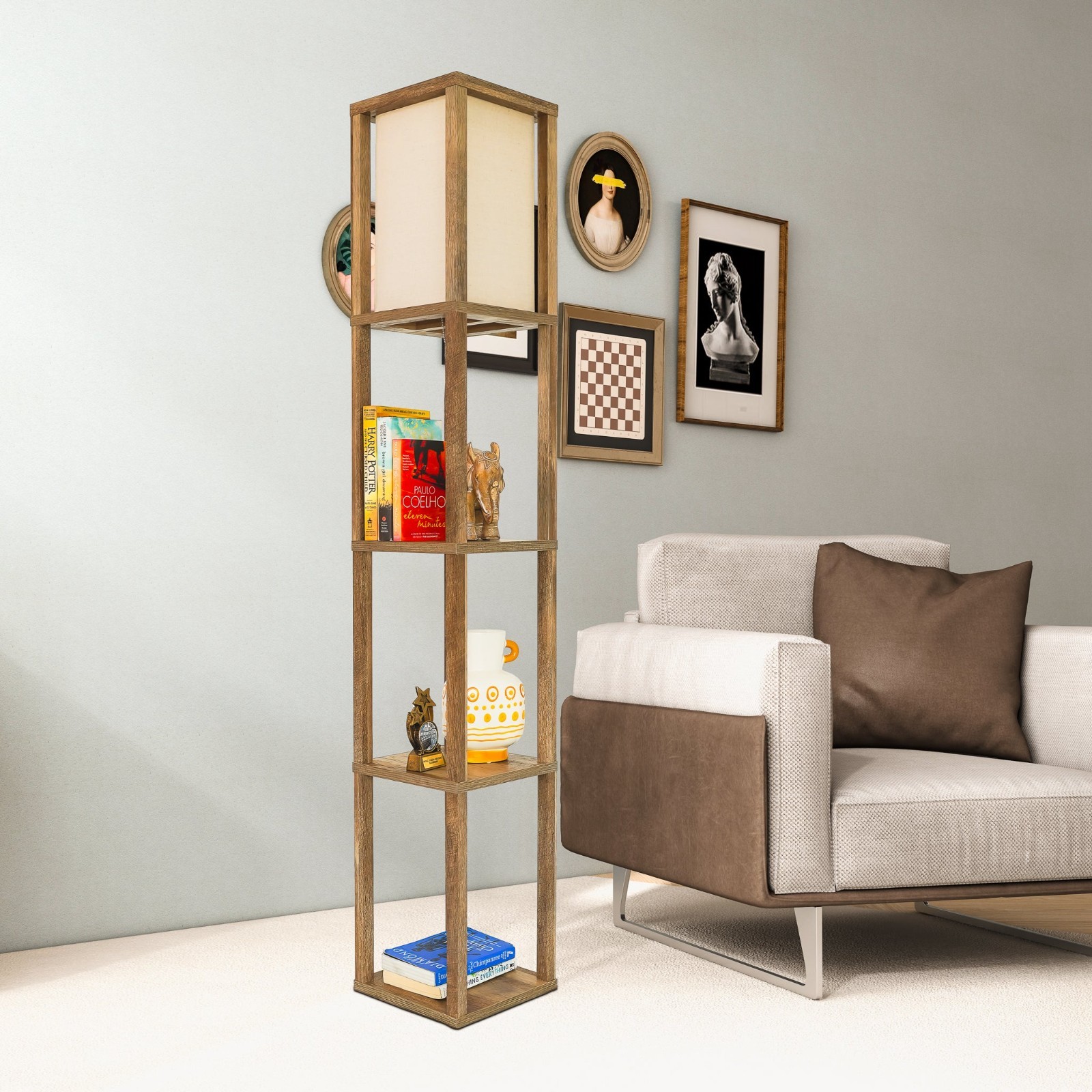 Natural wood storage shelf floor lamp with long linen shade