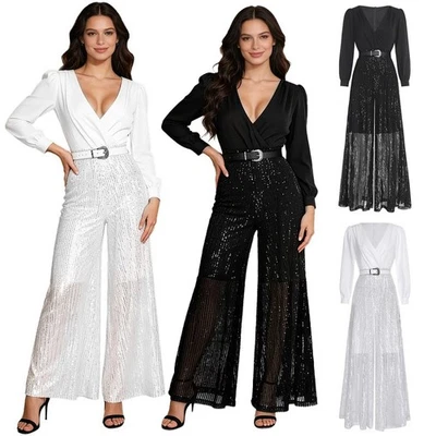 Elegante Damen-Overall mit Gürtel V-Ausschnitt weitem Bein Einteiler Jumpsuit - Bild 1 von 4