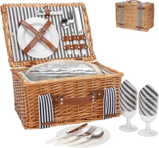 Picnic Basket for 2 Persons,Handmade Wicker Picnic Baskets Set with Insulated Co