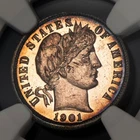 1901 10c Silver Barber Dime Proof Coin - Rainbow Rim Toning - NGC PF 62 - B5636