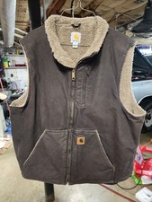 Carhartt Mens Vest Brown Large Sherpa Lined Workwear Canvas V33 DKB 100 Cotton