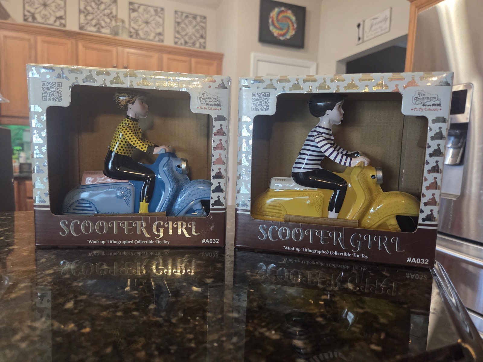 Lot Of 2 Tin Treasures SCOOTER GIRL Wind-Up Riding Bike Box - Yellow & Blue
