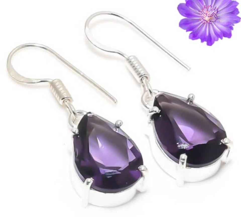 African Amethyst Gemstone Handmade 925 Sterling Silver Jewelry Earrings 1.60" - Image 3 of 4
