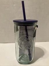 Starbucks Recycled Triangle Glass 16 oz Cold Cup Tumbler Purple w Straw 