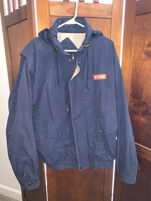 #ad Vintage RYOBI Rain Jacket Mens XL Blue Hooded Waterproof Outdoor Coat $64.95