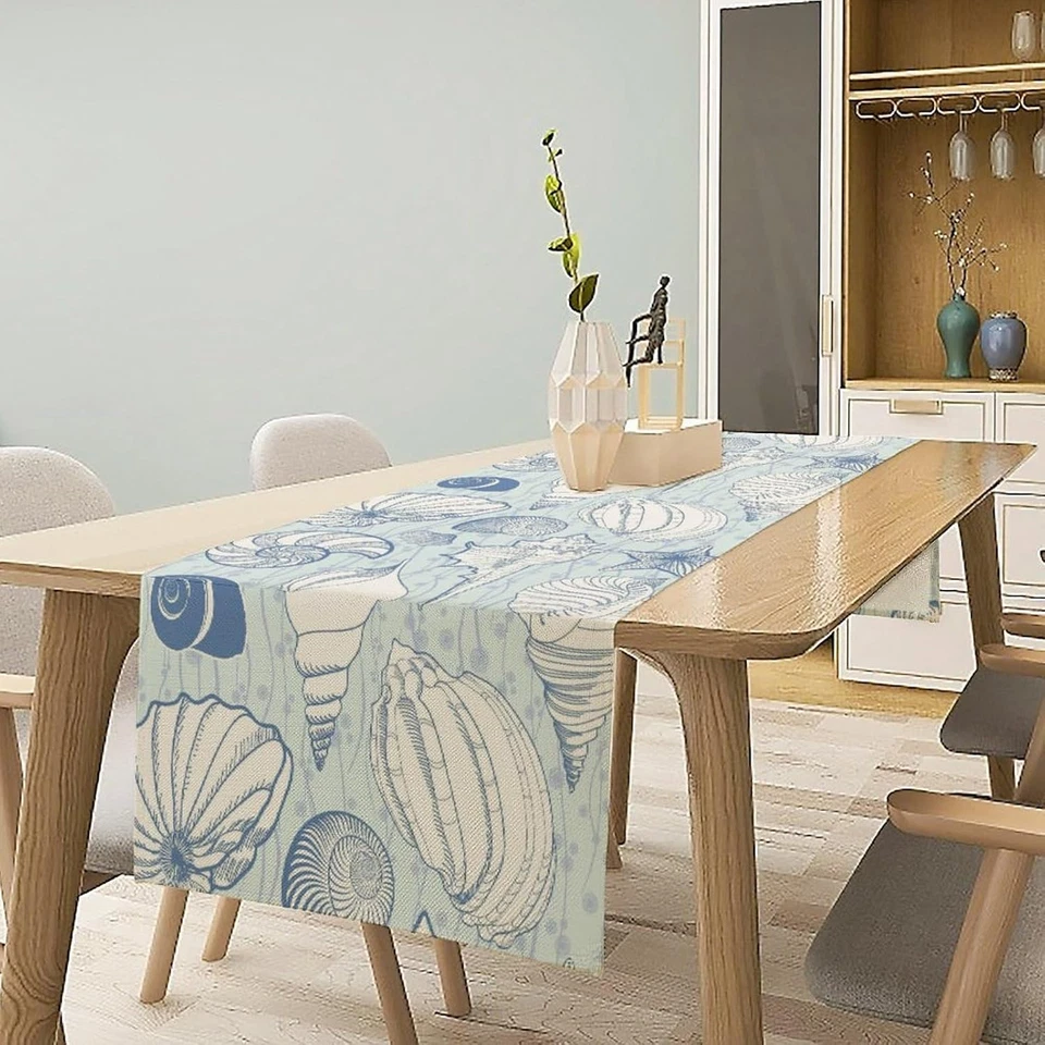 Vintage Look Seashells Table Runner - Blue Coastal Sealife Theme - Costal Decor - Image 2 of 4