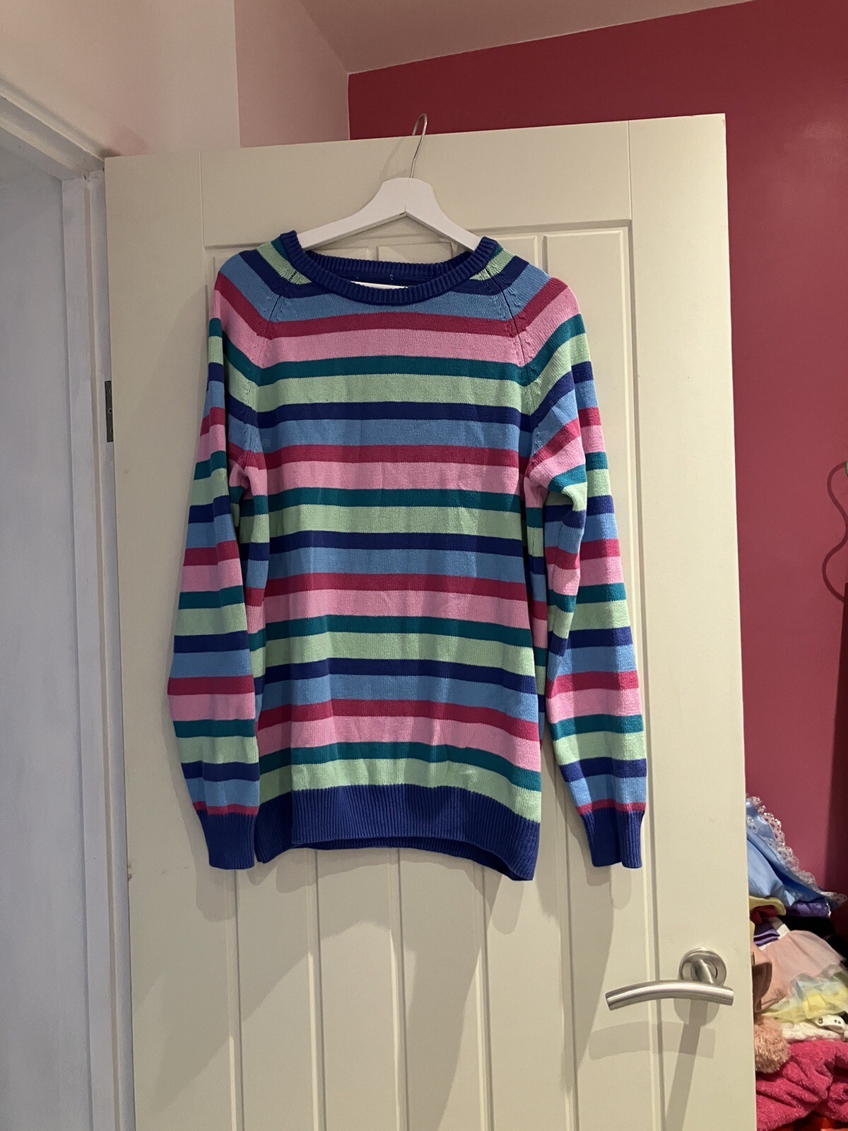 Ladies Unbranded Size Large Blue And Green Striped Jumper eBay
