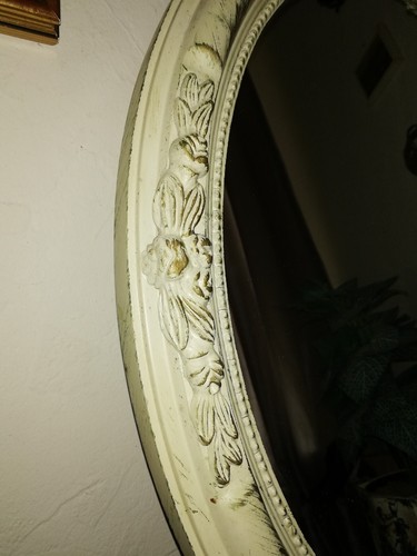 Vintage Shabby Chic Cream & Gold Oval Wall Mirror Wood & Gesso - Picture 4 of 6