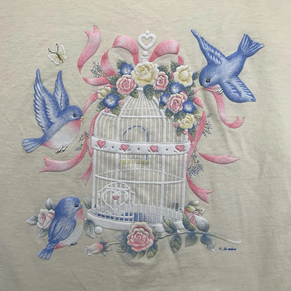 Camiseta sin mangas vintage para mujer 2XL marfil azul crema pájaros puff gráfico años 90 Cottagecore Foto 2 de 4