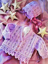 Baby Knitting Pattern for Lacy Cardigan & Bonnet in DK to fit birth- 6years  B70