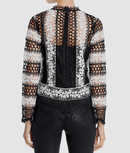 $145 Aqua Women's Black White Sheer Lace Overlay Short-Sleeve Blouse Top Size S - Picture 2 of 2