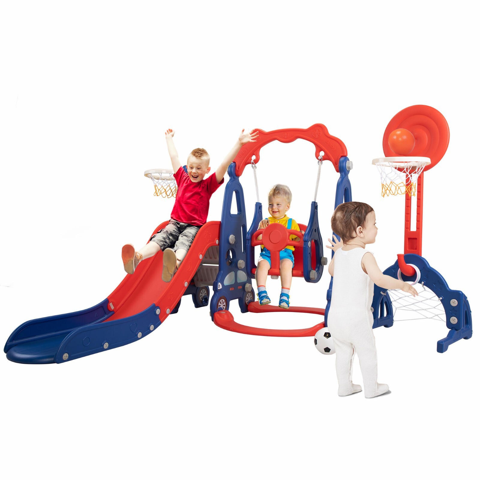 5 in 1 Kids Slide and Swing Set Toddler Climber Slide Playset with Football Gate