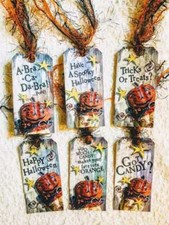 6 Halloween Pumpkin Head Gift Hang Tags Parties Junk Journals Scrapbooks 357R