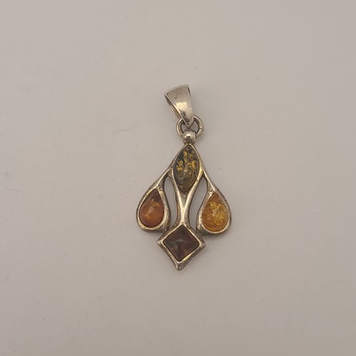 VINTAGE JK SIGNED STERLING SILVER MULTI COLOR AMBER STONES MODERNIST PENDANT 925