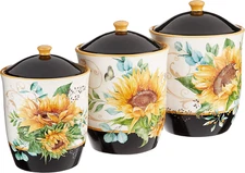 Sunflower Fields 3-Piece Ceramic Canister Set with Airtight Lids – Decorative Fl
