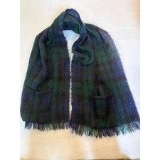Highland Home Industries Mohair Wool Pocket Scarf Scotland Black Plaid Navy