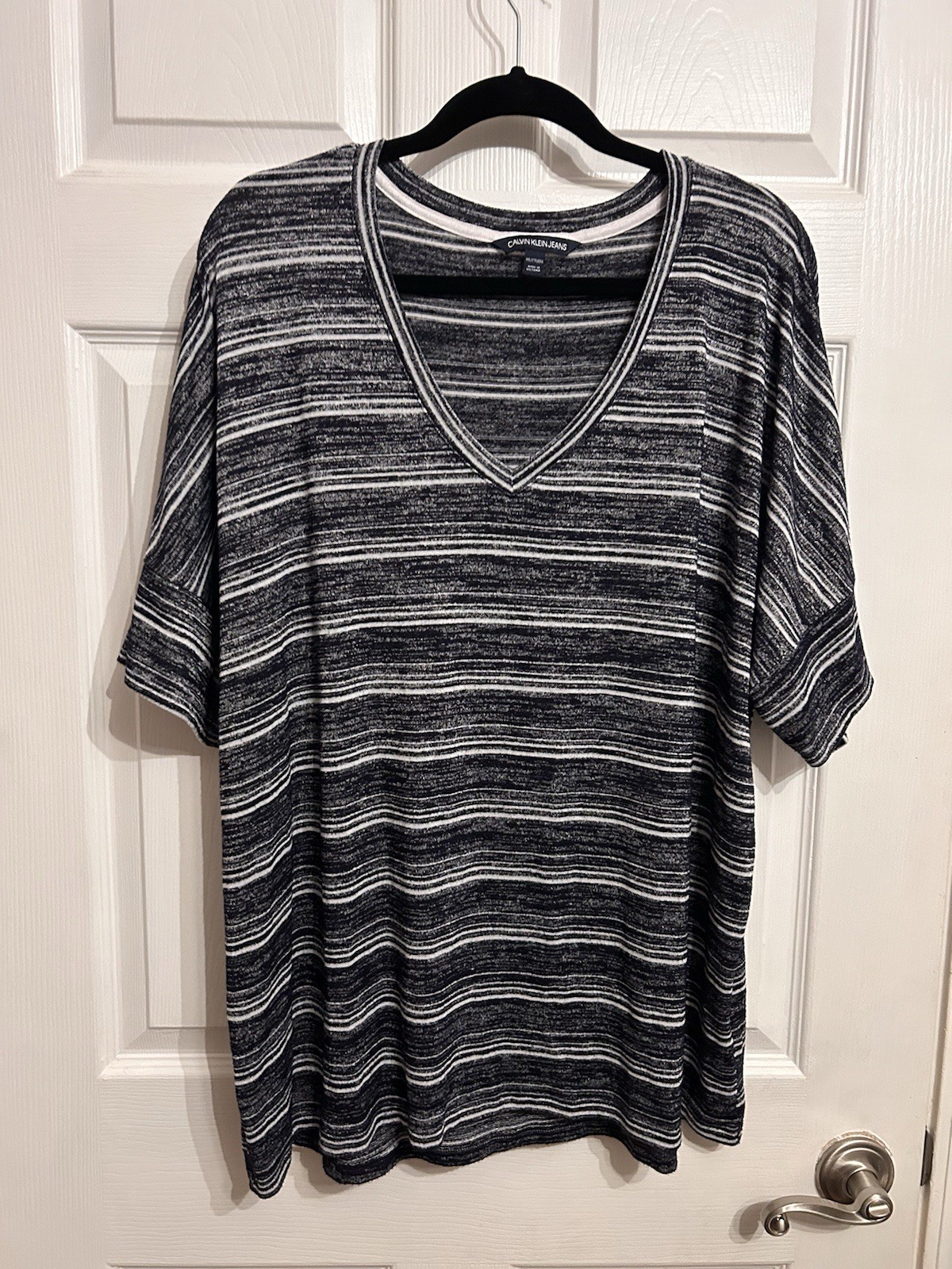 Calvin Klein Jeans Striped V-Neck Knit Top Women's Plus Size XXL Stretch Relaxed