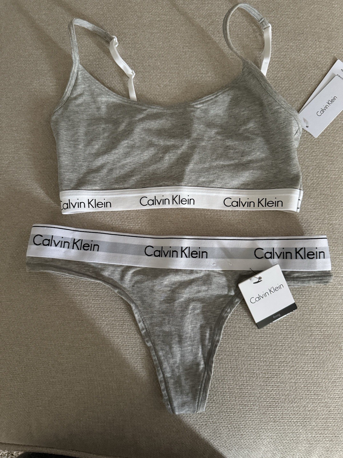 Brand New with tags-Calvin Klein Bralette Size M (looks S)- Thong size S-Gray thumbnail 2