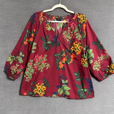 Talbots Top L Maroon Green Floral Fruit Popov...