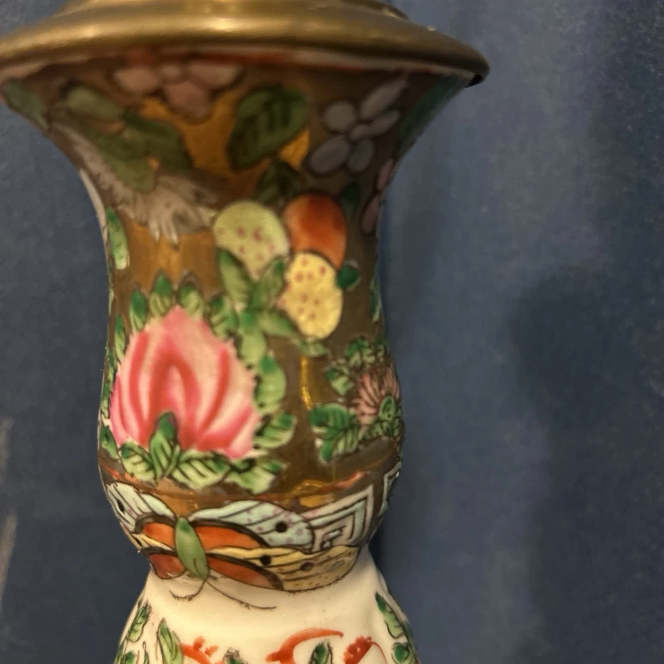 Antique Vtg RARE Chinese Rose Famille Candlestick Accent Lamp 21x7 Gold Inlay - Image 4 of 4