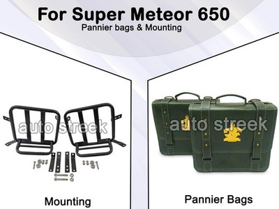 For Royal Enfield ''SUPER METEOR 650'' Leather Dark Green Pannier Bags & Mounting