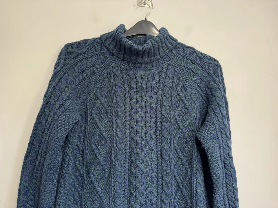 Jersey Lands End para mujer mediano verde marino tejido con cable cuello alto lana de pescador Foto 3 de 4