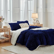 Navy Faux Fur Queen Comforter Set - Soft Plush 3-Piece Bedding Set