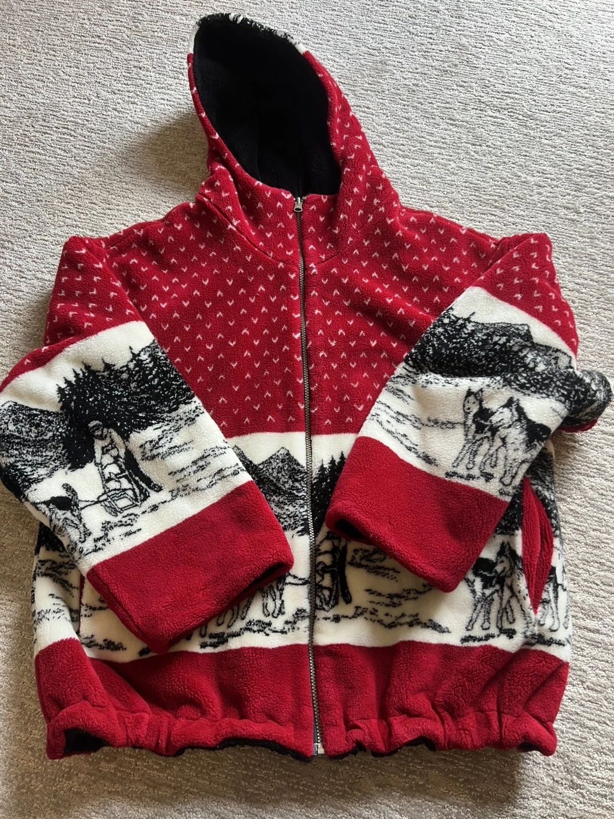 Vintage Denali Women’s Fleece Zip-Up Jacket Red Forrest Husky Dogs Sledding•Sz L