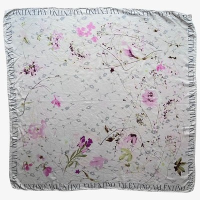 Vintage 90s Valentino Floral Spell Out Pink & Purple Silk Scarf, Shawl Garavani