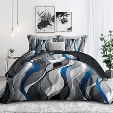 Classic Line Pattern Bedding Quilt King Size Modern Grey Blue White Stripe