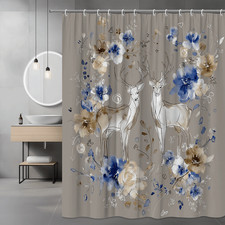 Deer Floral Shower Curtain Blue Beige Gray Abstract