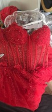 Red Strapless Sweetheart Beaded Sequin Lace Corset Long Formal Gown S
