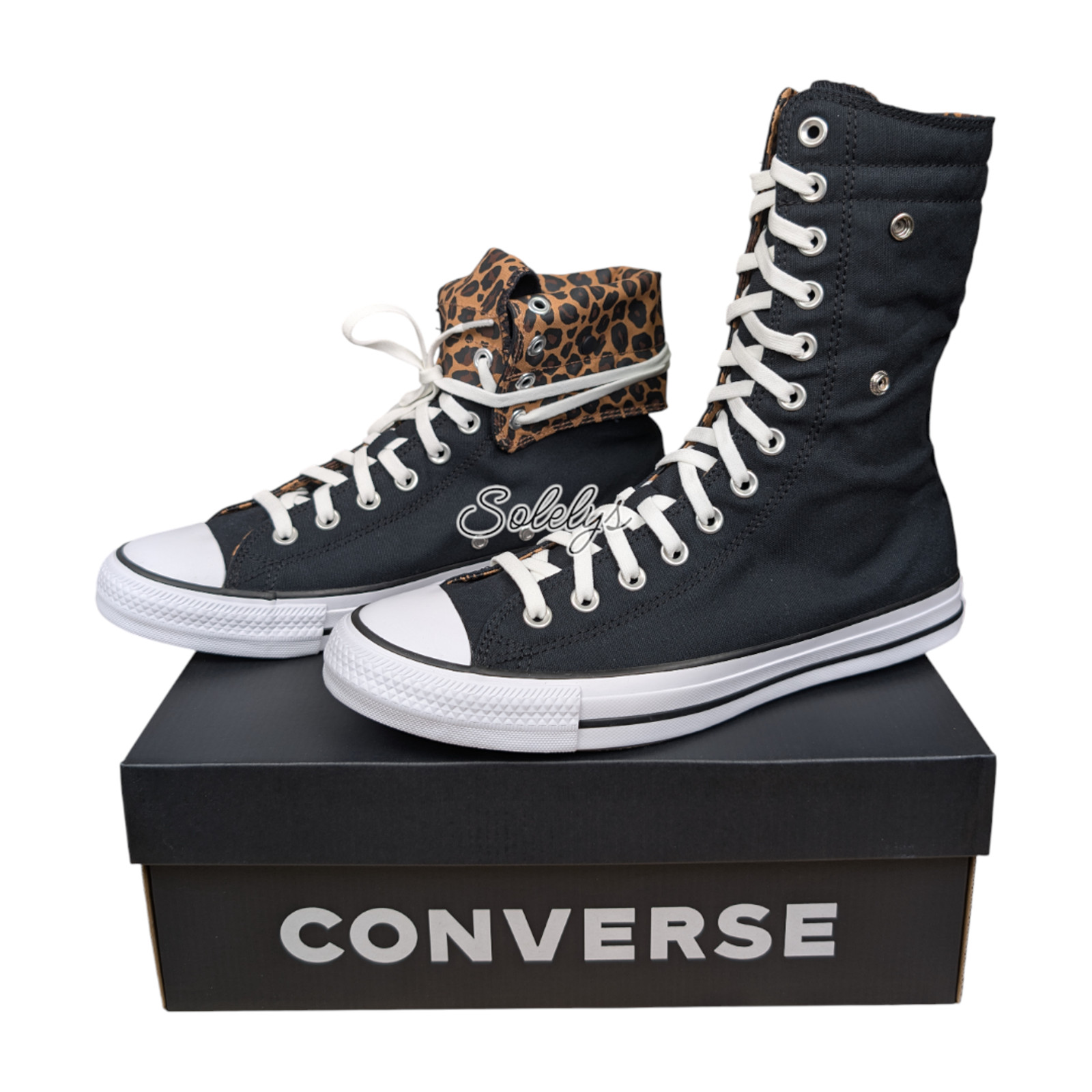 Converse XHI Calf High Fold Black Leopard Custom Elastic Laced Sneaker Womens 10 thumbnail 5