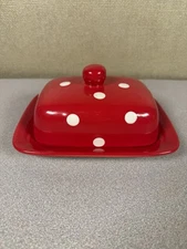 Grace’s Pantry Red Porcelain Butter Cheese Dish Keeper with Lid Polka EUC