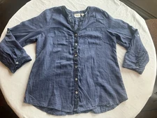 Chico's Linen Lace Mix Top size 2 Blue Sequin V-Neck Pockets Roll Tab Sleeves